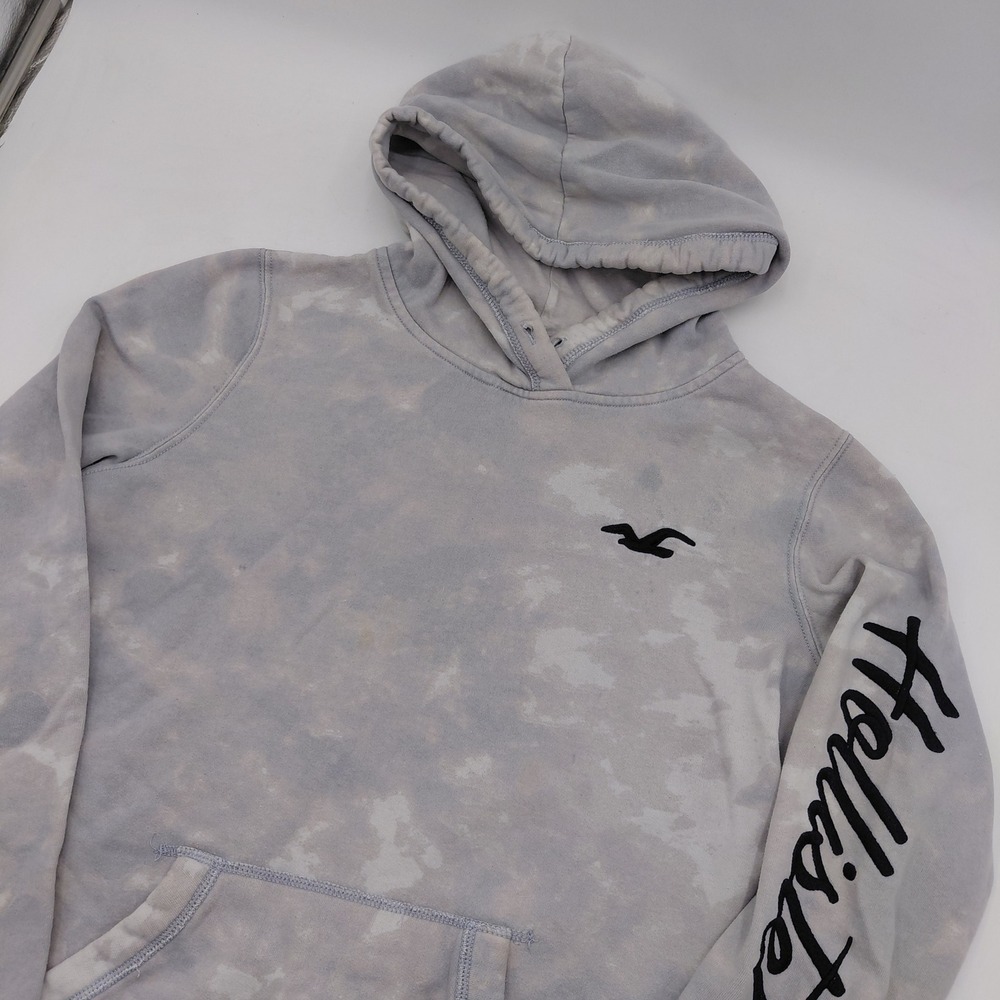 Hollister California Womens L Grey Tie Dye Pullover Hoodie Logo Sleeve Bird Y2K